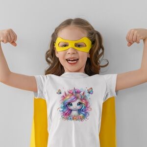 Kids Unicorn Graphic Tee in White with Yellow Cape